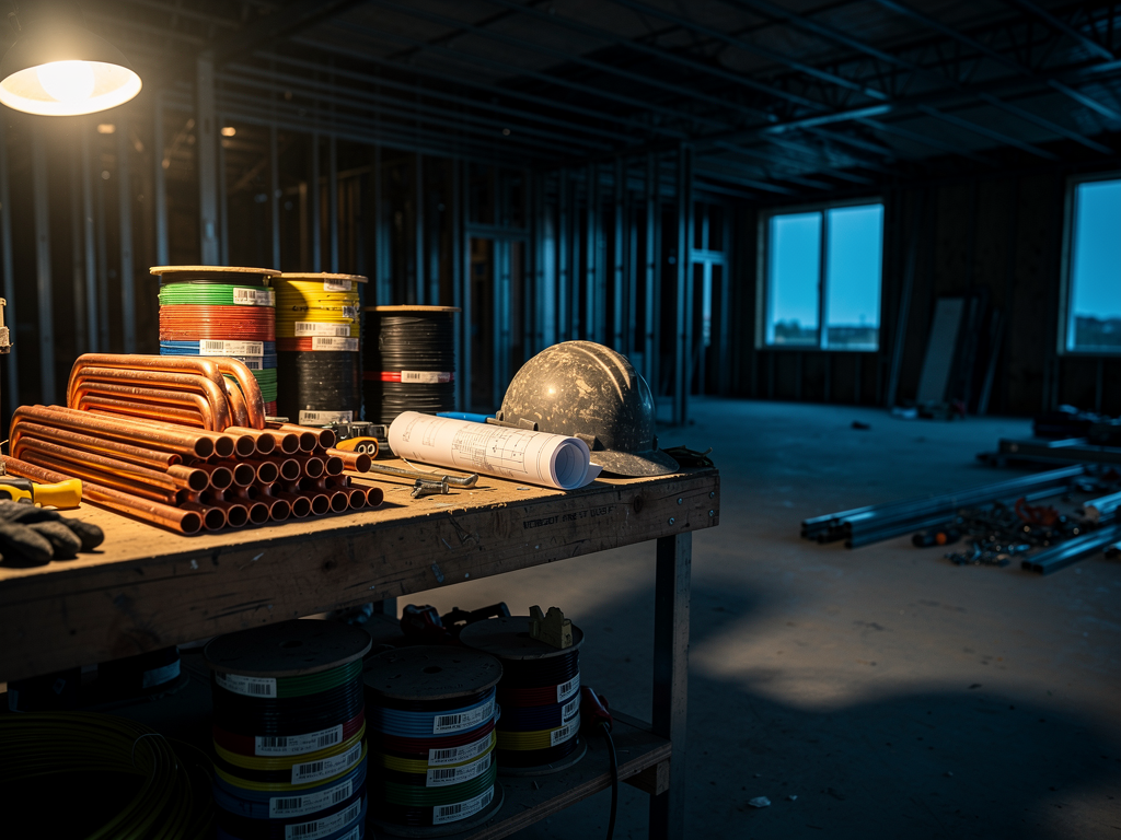 A commercial job-site workbench with copper conduit, drawings, and a hard hat