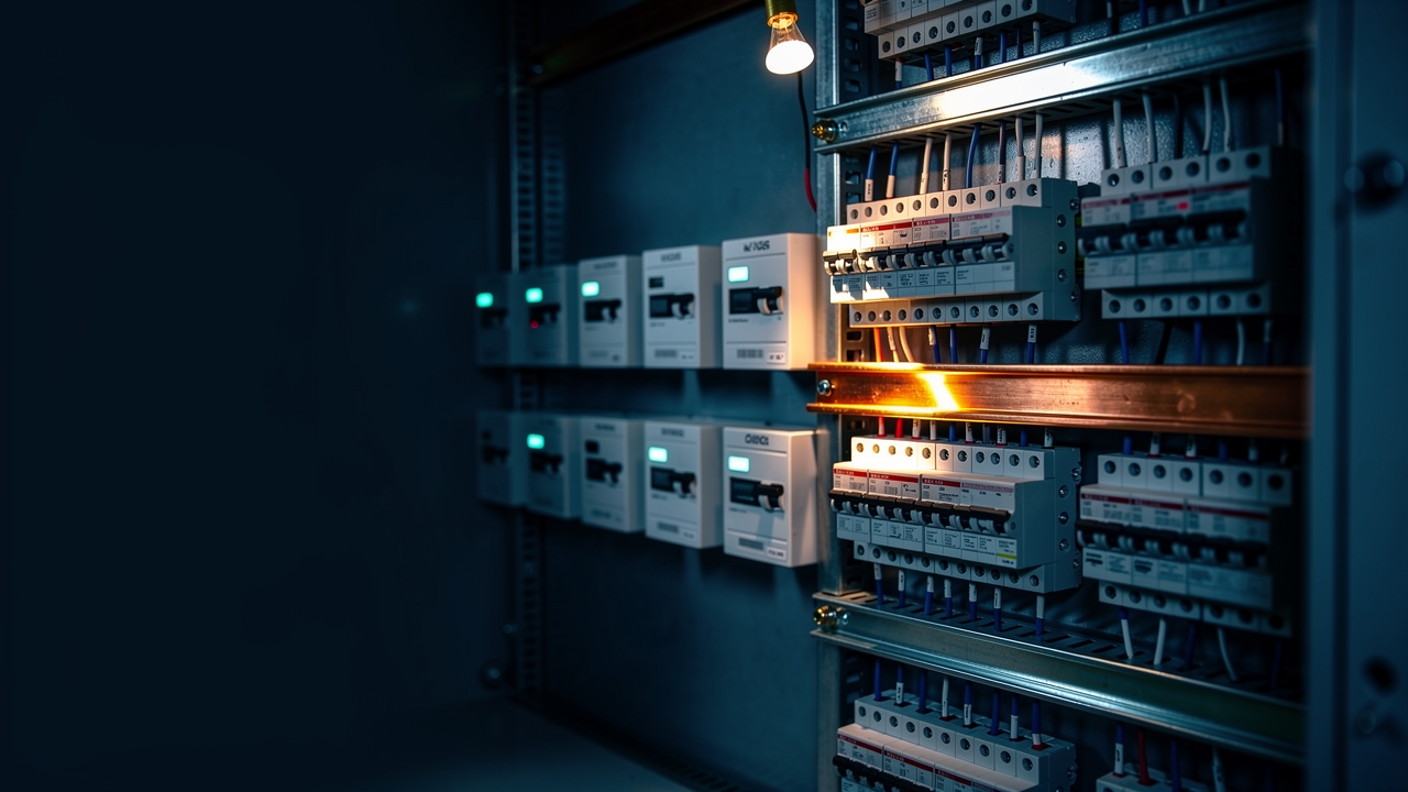 A finished commercial electrical room with labeled distribution panels at dusk