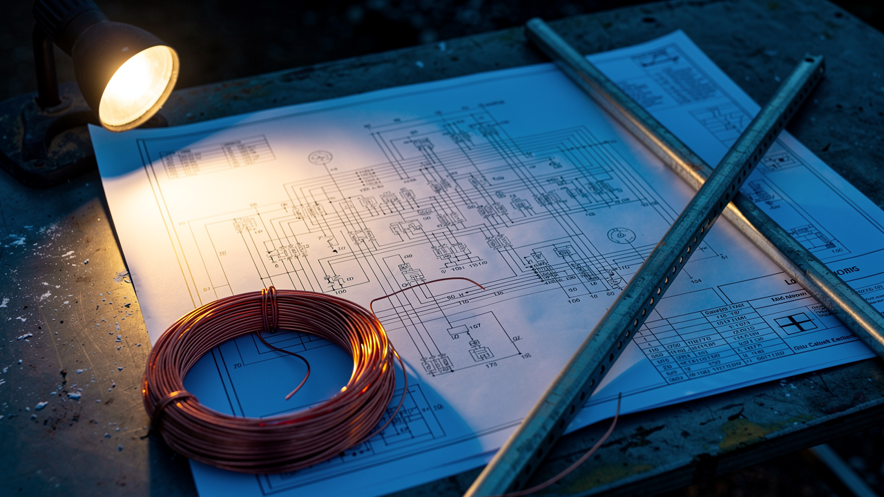 An electrical drawing set on a job-site table with copper wire and conduit at dusk